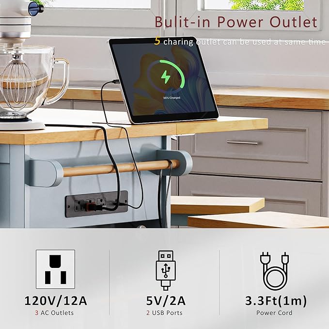 Merax 53" Upgraded Kitchen Cart Island on Wheels with Power Outlet,Drop Leaf,3 Drawers and 5 Open Side Racks,Wood Rolling Storage Cabinet