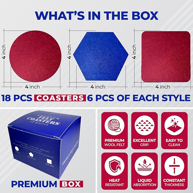 A&A Wonders Premium Felt Coasters for Drink, Absorbent Felt Protects Furniture, Table, Anti Slip, Absorbent, Suitable for Drinks & All Table Types (Wine Red/Royal Blue, All 3 Style, 6 of Each Style)