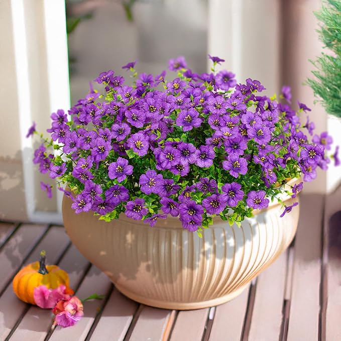 16 Bundles Artificial Flowers Outdoor Spring Summer Decoration Fake Silk Colorful Daisy Eucalyptus Realistic UV Resistant Outside Faux Plants for Garden Porch Window Box Home Decor (Purple)