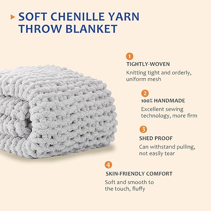 L'AGRATY Chunky Knit Blanket Throw, Soft Chenille Yarn, 60x80, Handmade Thick Cable Knit Crochet Blanket, Grey