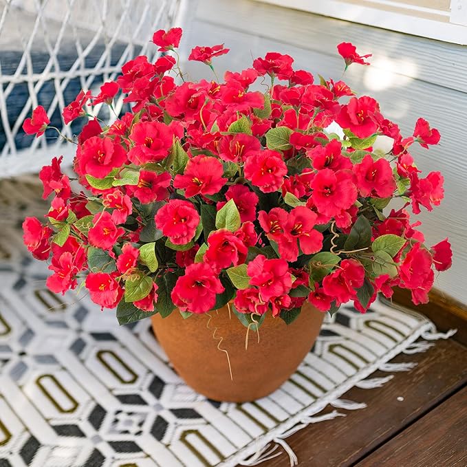 Fake Hibiscus Artificial Flowers for Outdoors Spring Summer Decoration, 6 Bundles Silk Red Hibiscus Flowers Bouquet UV Resistant Look Real Faux Plants for Outside Planter Front Door Porch Balcony Yard