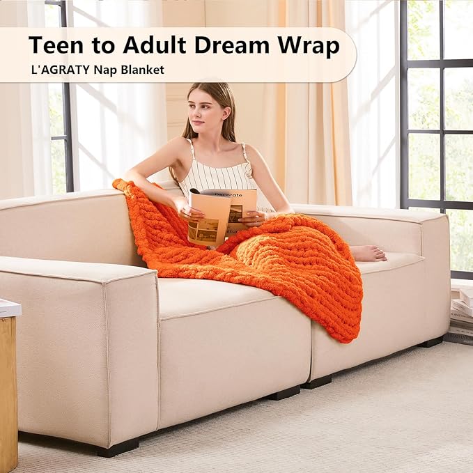 L'AGRATY Chunky Knit Blanket Throw: 30''x40'' Chenille Chunky Knitted Throw Blanket for Bed Couch - Handmade Thick Big Cable Knit Blankets - Large Crochet Rope Blankets for Home Decor(Orange)