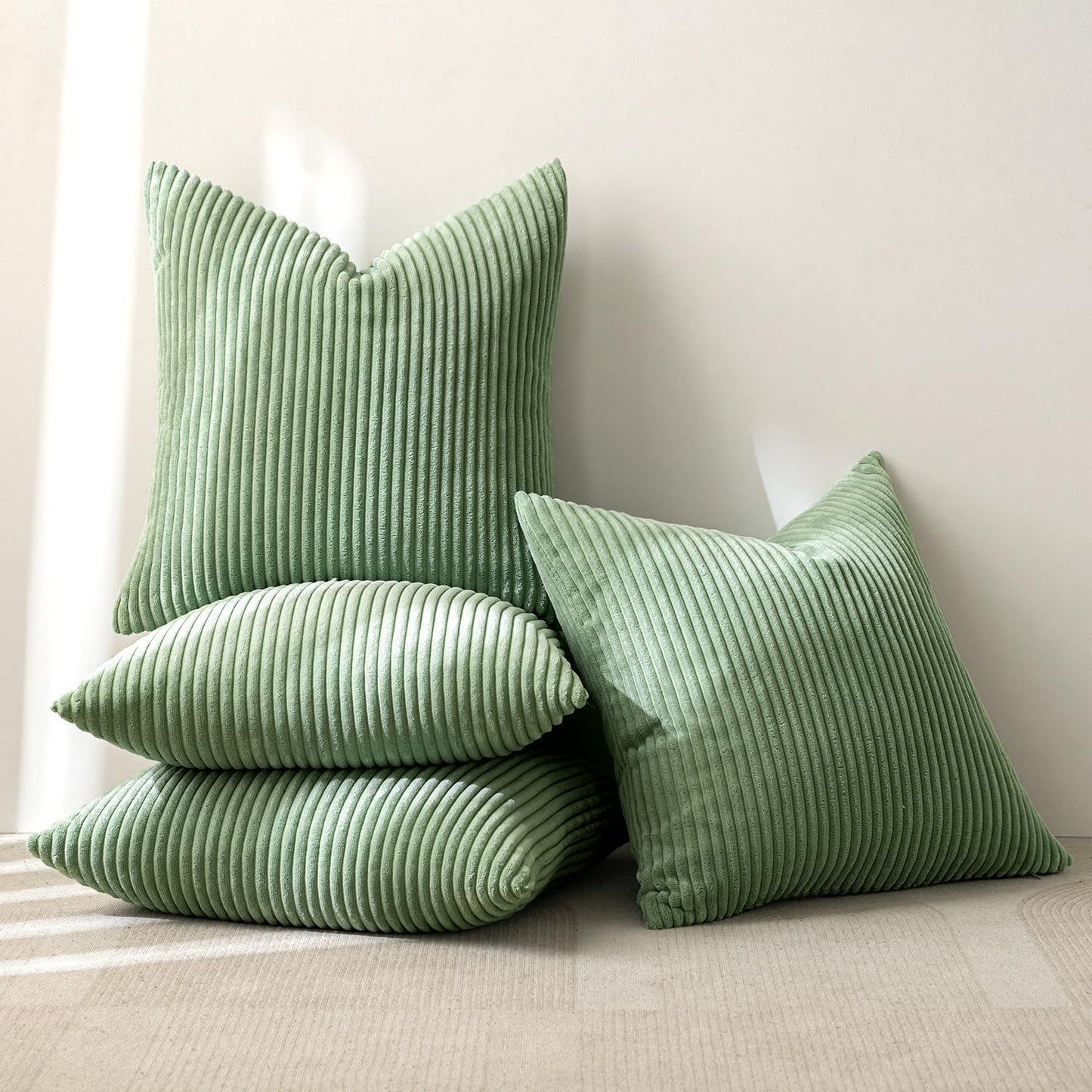 MIULEE Boho Farmhouse Throw Pillow Covers 18x18 Inch Set of 4 Mordern Nordic Cushion Covers Soft Corduroy Home Decor for Couch Bed Sofa Living Room Sage Green