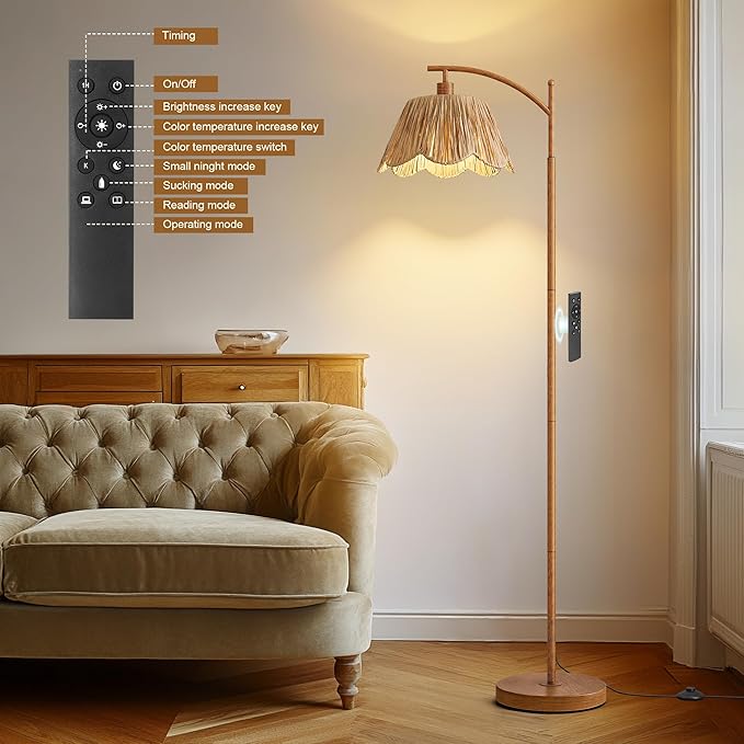 Oneach Boho Floor Lamp for Living Room with Remote & Dimmable Bulb, Farmhouse Floor Lamps with 3 Color Temperatures, Rattan Floor Lamp for Bedroom, Walnut