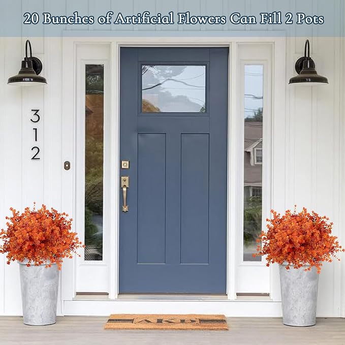 Outdoor Artificial Flowers UV Resistant, 20 Bundles Fake Realistic Floral Greenery Plants for Outside Porch, Window Boxes, Garden, Yard, Inside Home Table Decor,RedOrange