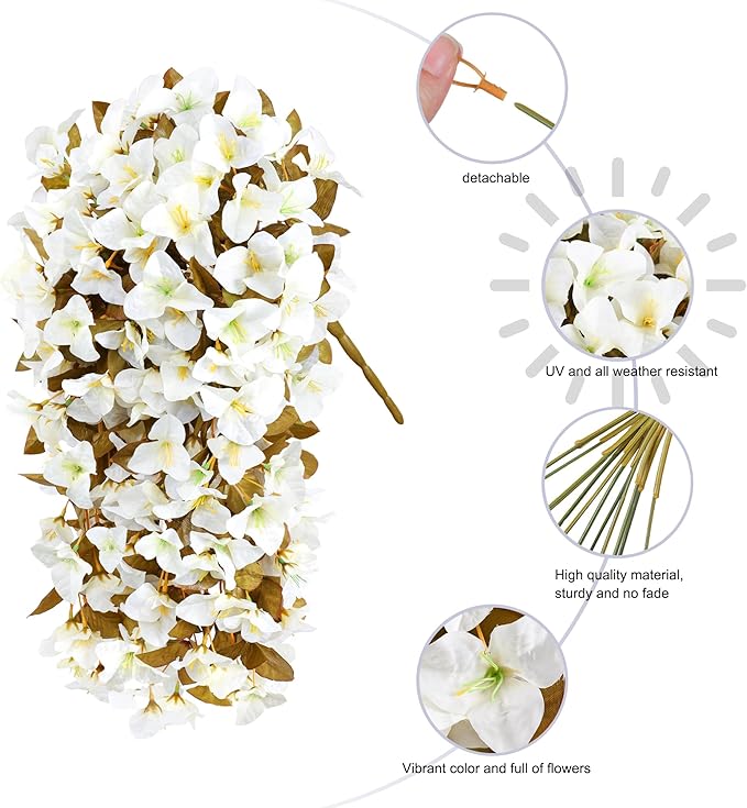 Bougainvillea Artificial Fall Hanging Flowers Plants for Outdoors Autumn Decoration, 2pcs Faux Bougainvillea Vines White Fake Flowers Realistic UV Resistant Silk Flowers for Outside Planter Yard Home