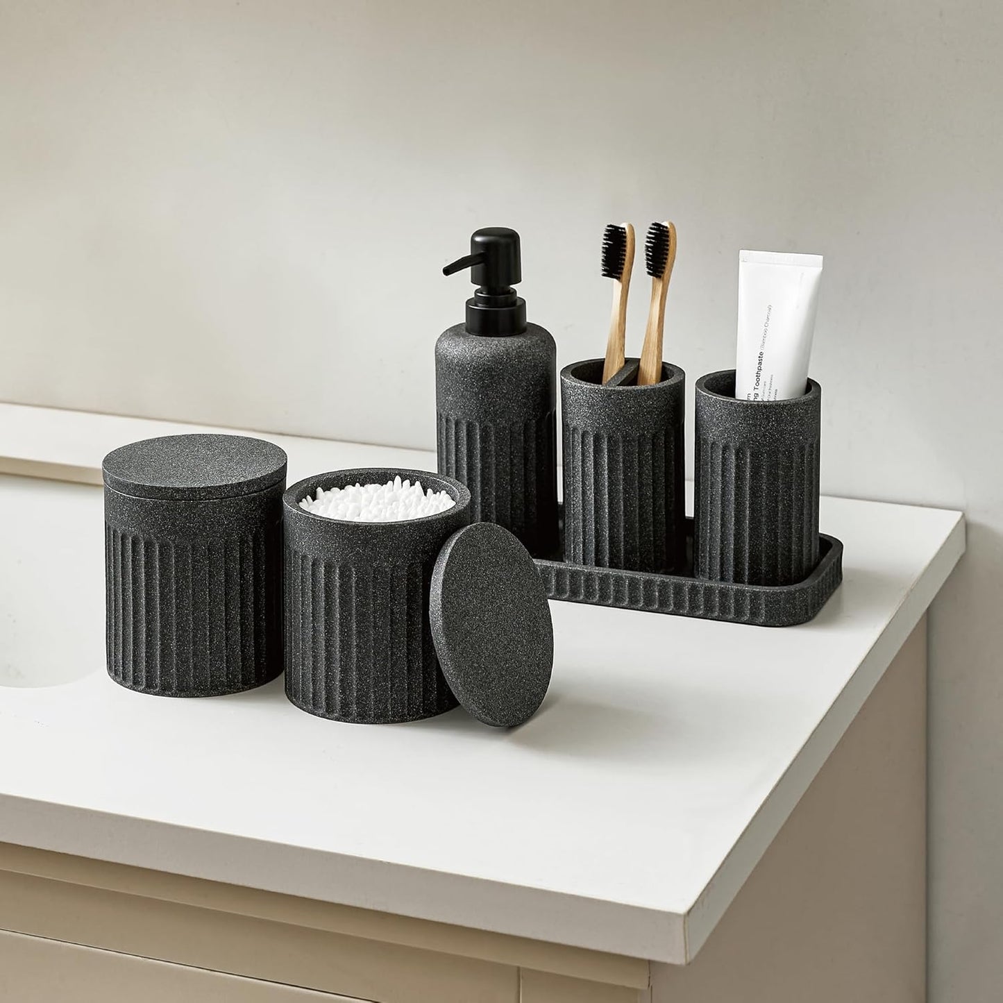 Bathroom Accessory Set - 6 Pieces Bathroom Accessories Set Complete with Soap Dispenser, Toothbrush Holder, Tumbler, Vanity Tray and 2 Qtip Holder for Home Organizer and Decor, Dark Grey