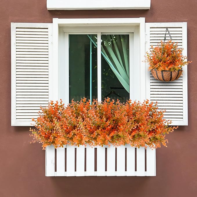 Sggvecsy 24 Bundles Artificial Eucalyptus Fall Plant Fake Bushes Boxwood Shrubs Outdoor Greenery UV Resistant Plants Faux Plastic Plants for Home Garden Indoor Fall Thanksgiving Autumn Decor(Fall)