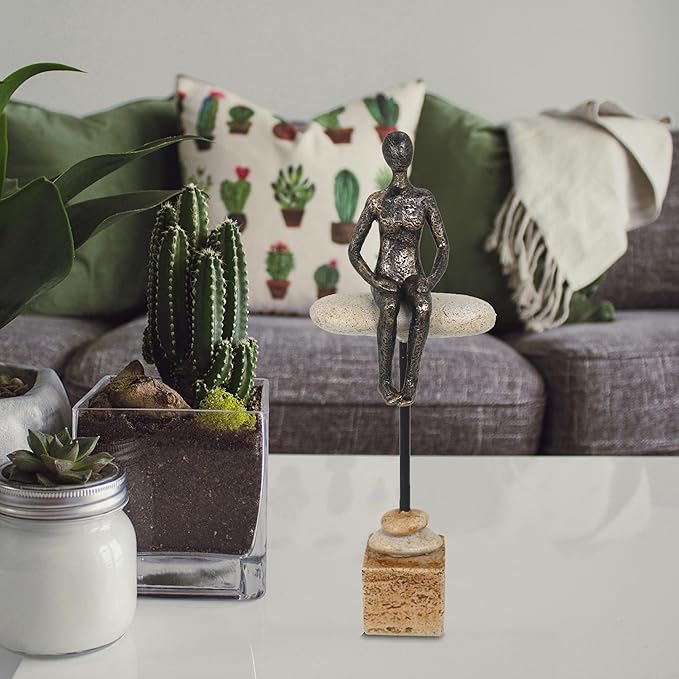 Zen Meditation Sculpture - Multi-Texture Resin Art Piece with Stone/Metal/Wood Effects, Abstract Seated Figure for Office Desk & Mindfulness Spaces