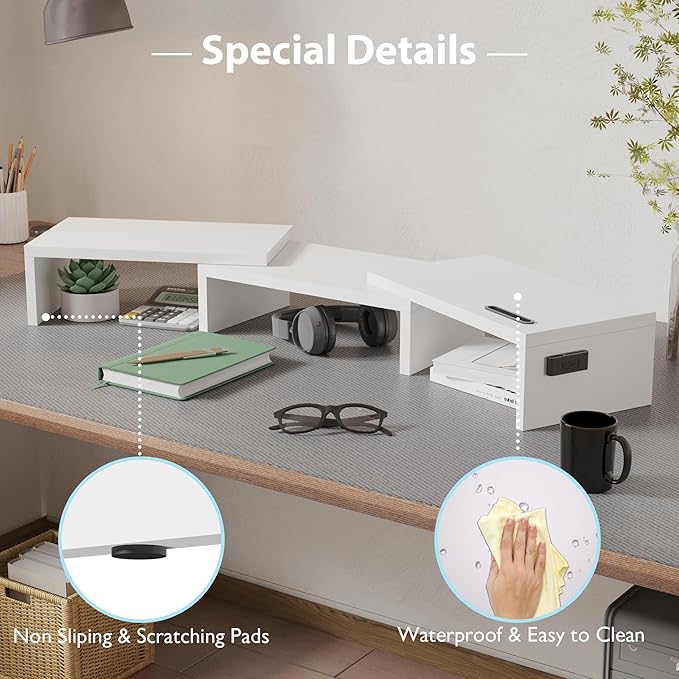 BONTEC Dual Monitor Stand for Desk, Adjustable Length and Angle Monitor Stand Riser with Smartphone Holder, Desk Shelf for Top of Desk, Computer Monitor Stand with Storage, Office Desk Organizer, White