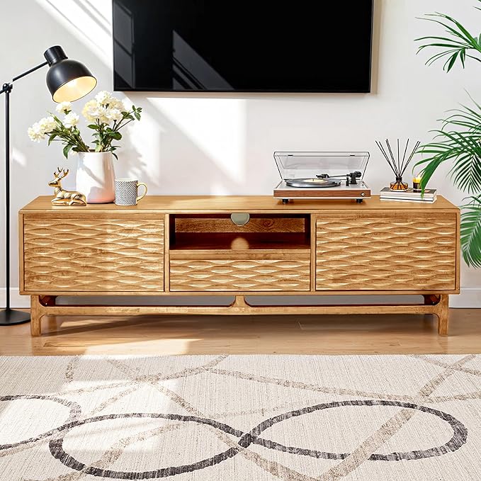 Acacia Elara Wood TV Stand for TVs up to 75+ Inch Entertainment Center with Storage Shelves and Cable Management, Mid Century Modern Media Console Wood TV Stands for Living Room Bedroom, Natural Oak