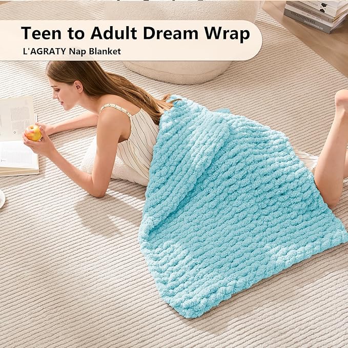 L'AGRATY Chunky Knit Blanket Throw - Soft Chenille Yarn Throw Blanket 30x40：Handmade Thick Cable Knit Crochet Blanket - Large Knit Blanket Chunky Rope Knot Throw Blanket for Couch Sofa Bed Home Decor