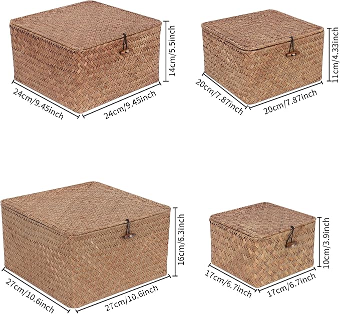 Wicker Shelf Baskets with Lid, Handwoven Seagrass Storage Basket Bins Square Gift Boxes for Shelves Home Decor Organizer (Coffee, Set of 4)