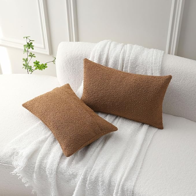FUTEI Pack of 2 Tobacco Decorative Throw Pillow Covers 12x20 Inch Soft Cozy Solid Boucle Textured Lumbar Pillow Cases,Modern Home Decor for Couch Bed Living Room