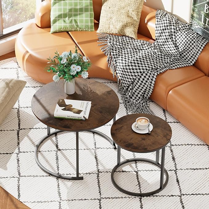 aboxoo Coffee Table Nesting Round Table Set of 2 Side Table with Sturdy Metal Frame for Living Room Bedroom Apartment Modern Industrial Simple Nightstand,Rustic Brown