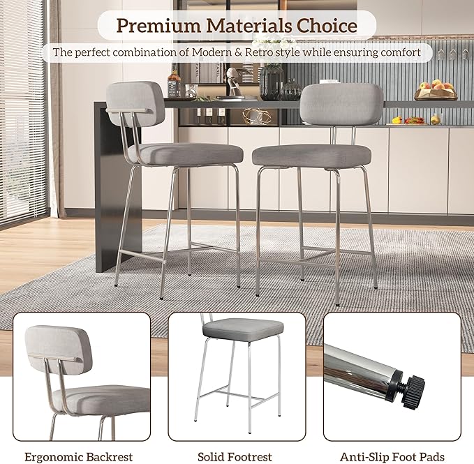 Counter Height Bar Stools Set of 4, 26" Fabric Kitchen Bar Stools with Back, Counter Barstools with Metal Legs, Bar Chairs for Kitchen Island, Gray