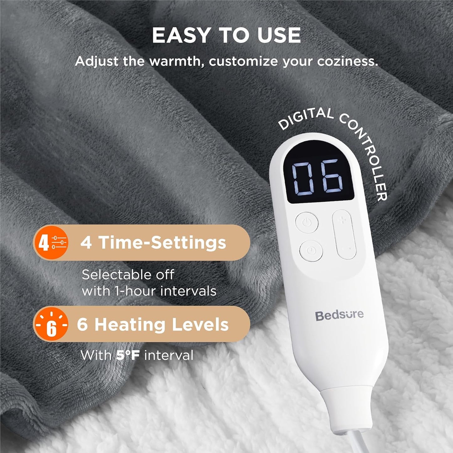 Bedsure Heated Blanket Throw Blanket - Fast Heating Electric Blanket, GentleSoft Flannel Heated Throw with 4 Time Settings, 6 Heating Settings, Warm Gifts for Grandma (50x60 inches, Grey)