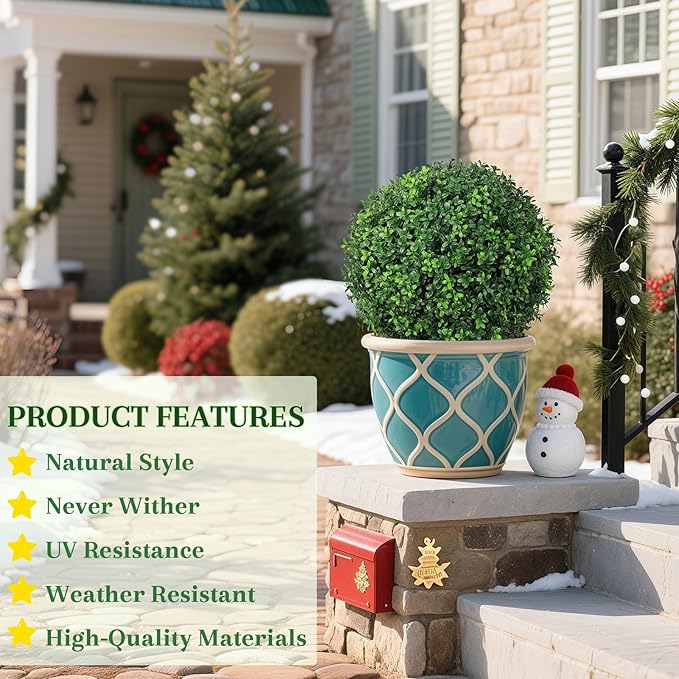 25.6'' Artificial Plants Outdoor with Spike, UV Resistant Boxwood Topiary Ball Fake Plants, Outdoor Faux Plants for Balcony Yard Garden Entryway Front Door Decor Home Decor Porch Decor, 2 Pack