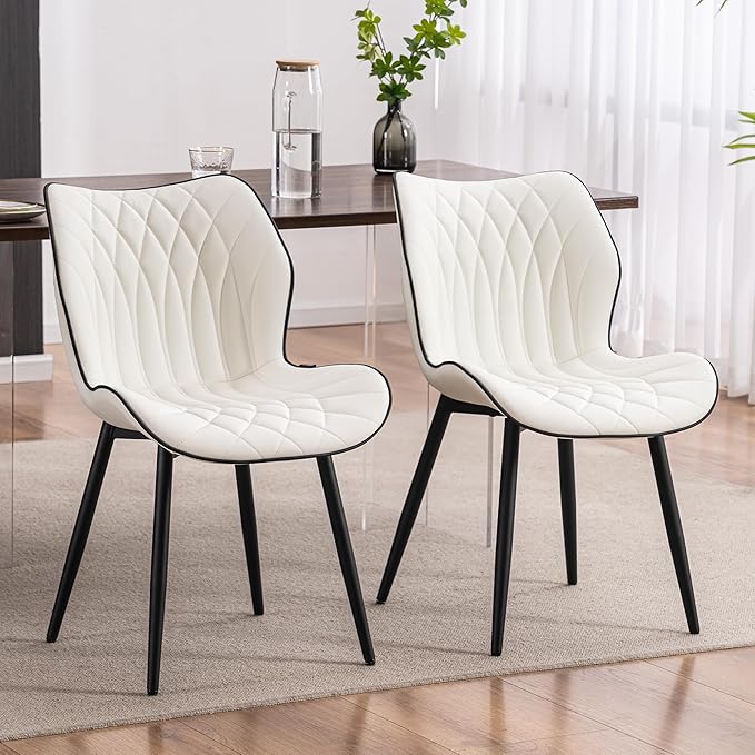 Kidol & Shellder White Dining Chairs Set of 2 Modern Kitchen Chairs with Back Armless Accent Chairs for Living Room Upholstered Faux Leather Chair Mid Century Comfy Side Chair with Metal Legs