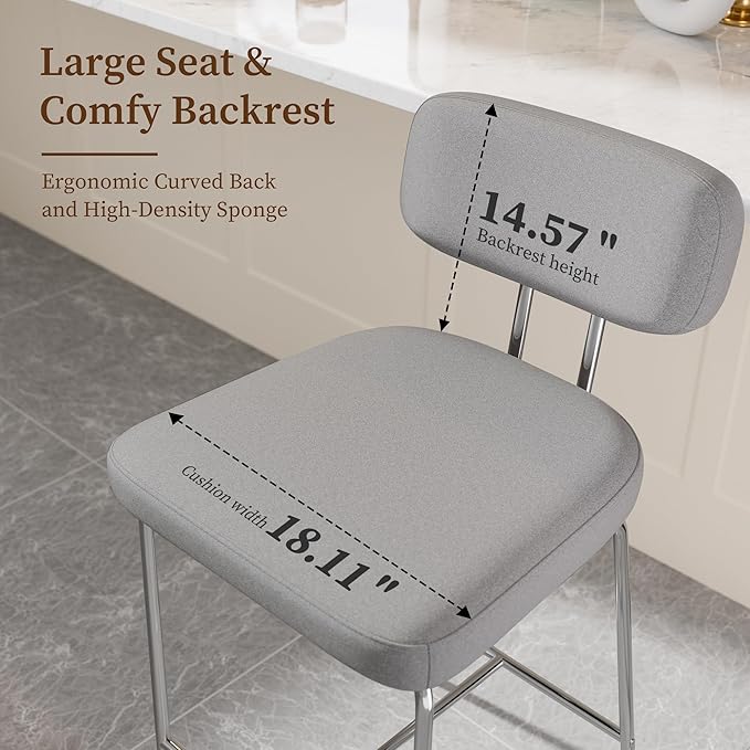 Counter Height Bar Stools Set of 4, 26" Fabric Kitchen Bar Stools with Back, Counter Barstools with Metal Legs, Bar Chairs for Kitchen Island, Gray