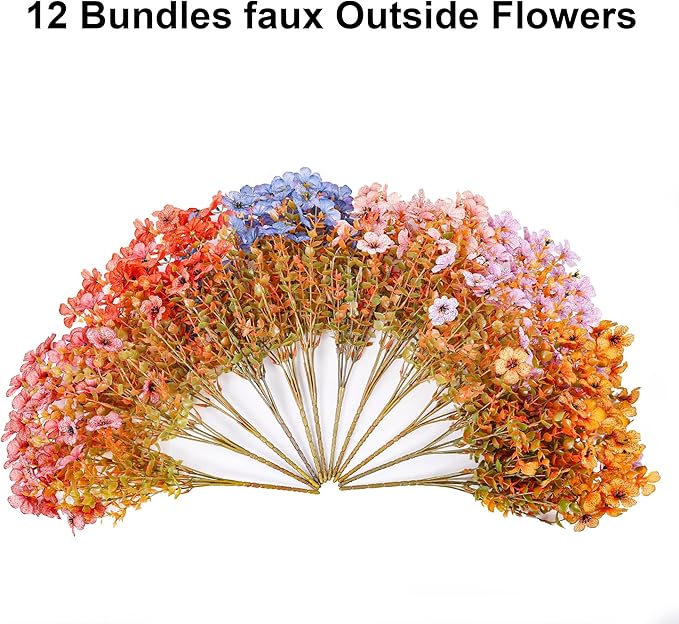 Artificial Fall Flowers Faux Mums for Outdoor Indoor Garden Home Decoration, Faux Flower Daisy with Eucalyptus Leaves Fake Plants Greenery Boxwood Porch Patio, 12 Bundles (6 Fall Multicolor)
