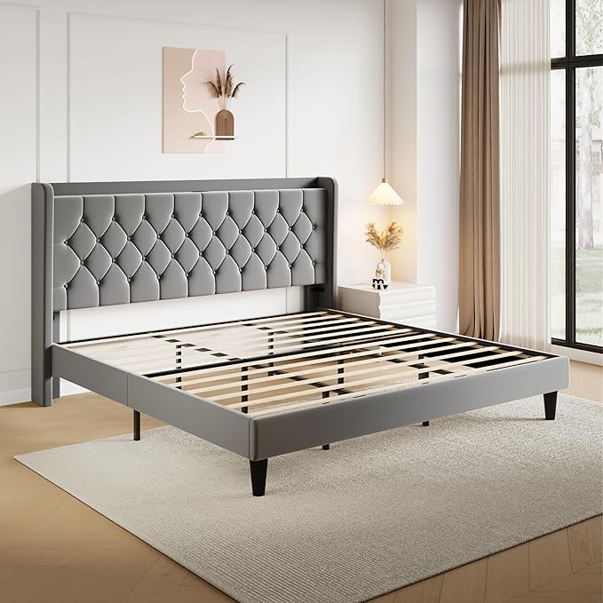 SHA CERLIN King Size Platform Bed Frame with Charging Station, Velvet Wingback Headboard with Storage Shelf, Wooden Slats Support, Ample Under-Bed Space, No Box Spring Needed, Easy Assembly, Grey