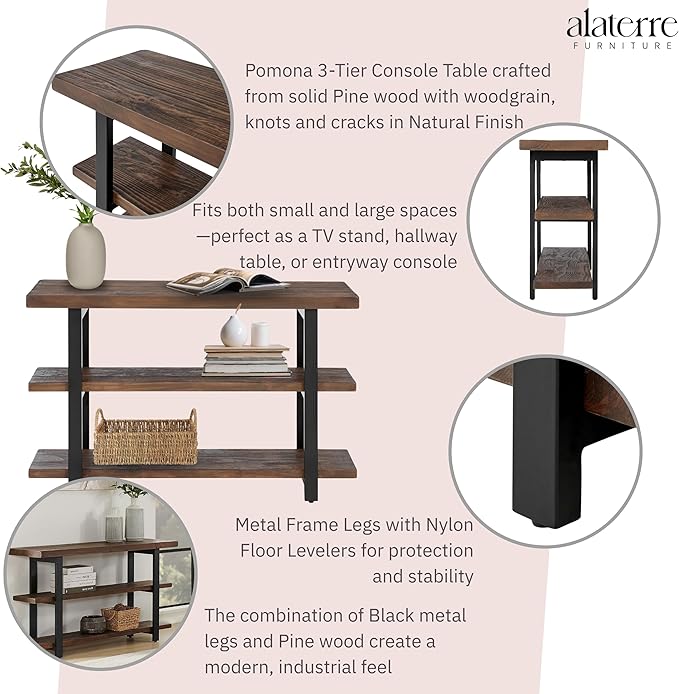 Alaterre Furniture Pomona 48" Solid Pine Wood Media Console Table with 2 Open Shelves and Metal Legs - 3-Tier Storage Display and Rustic Industrial Accent Furniture in Natural Finish