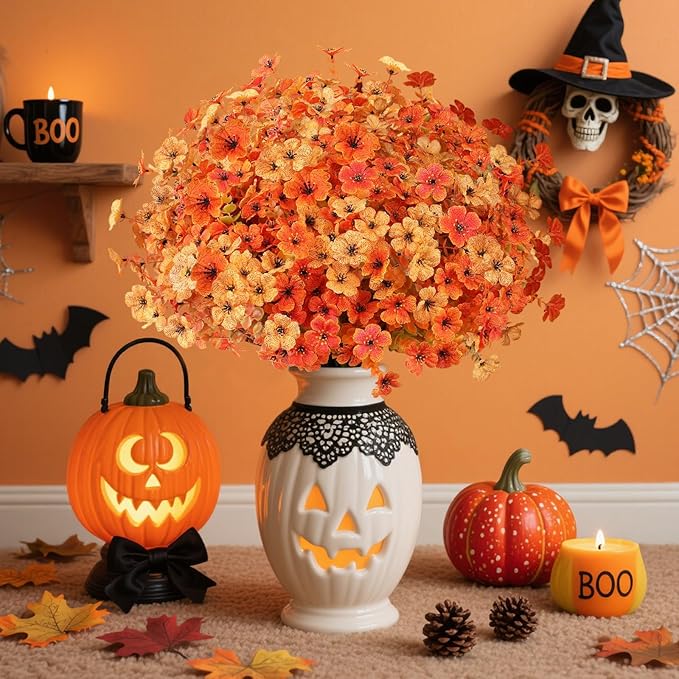 AmyHomie 16 Bundles Artificial Fall Yellow Orange Flowers with Eucalyptus UV Resistant Fake Mums, No Fade – Outdoor Fall Decor for Garden, Porch, Window