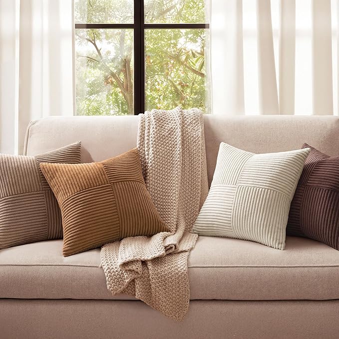 MIULEE Brown Throw Pillow Covers 18x18 Inch Set of 4 Boho Farmhouse Cushion Cases Neutral Gradient Corduroy Pillow Cases with Invisible Zipper Patchwork Home Decor for Couch Sofa Bed