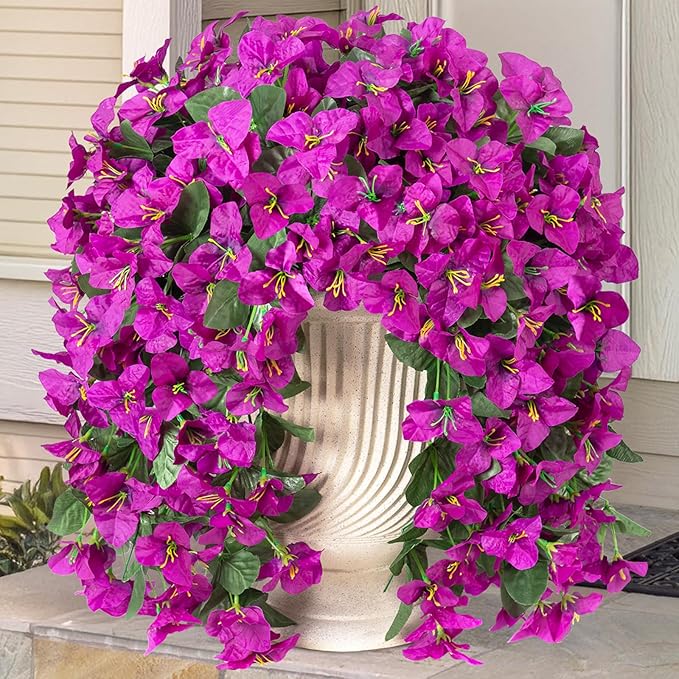 2 pcs Artificial Faux Bougainvillea Flowers Plants for Outdoor Outside Summer Decoration, Fake Silk UV Resistant Long Trailing Vines for Front Door Porch Planter Balcony (Purple Deep Lotus)