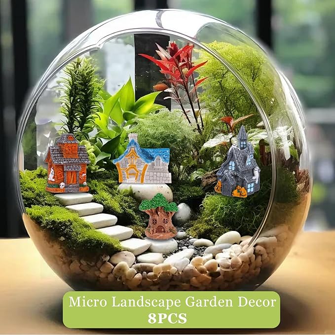 8 Piece Fairy Garden Accessories, Resin Tiny House for DIY Micro Landscapes, Miniature Figurines for Plant Pots, Mini Garden Outdoor Decor, Terrarium & Home Display
