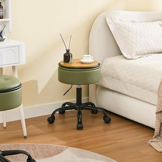 Salon Chair (Stool & Small Table in One) (Teacher Stool Adjustable Height 20.67"-24.61"), Green Vanity Chair with Storage