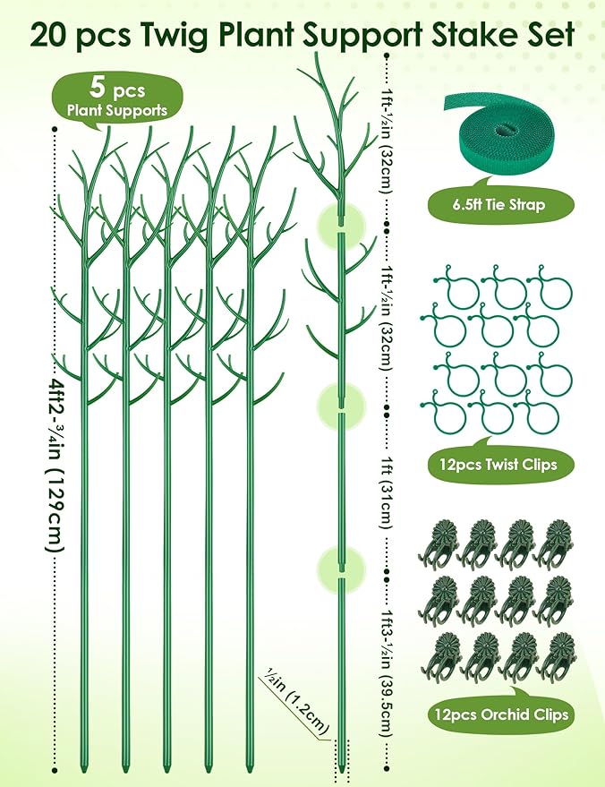 NiHome 50" Plant Support Stakes 5-Pack for Indoor & Outdoor Garden Climbing Plants Enhances Upright Growth - UV-Resistant, Non-Rotting Plastic Natural Branch Look for Pothos, Clematis, Ivies (Green)