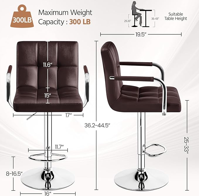 Yaheetech Bar Stools Set of 2, Adjustable PU Leather Swivel Barstools, Modern Counter Stools with Back and Footrest, Counter Height Barstools for Bar, Kitchen, Dining Room, Brown