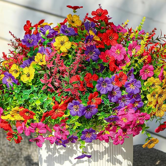 SHareconn 48 Bundles Artificial Flowers for Outdoors Decoration, Faux Plants Fake Silk Colorful Daisy Eucalyptus Lavender, UV Resistant for Outside Home Porch Patio Spring Decor, RedRosyPurpleYellow