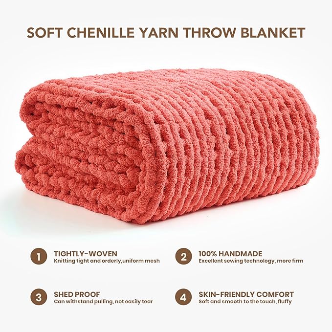 L'AGRATY Chunky Knit Blanket Throw: 60''x80'' Chenille Chunky Knitted Throw Blankets for Twin Bed Couch - Handmade Thick Cable Knit Blanket - Large Crochet Rope Blankets for Home Decor(Coral Pink)