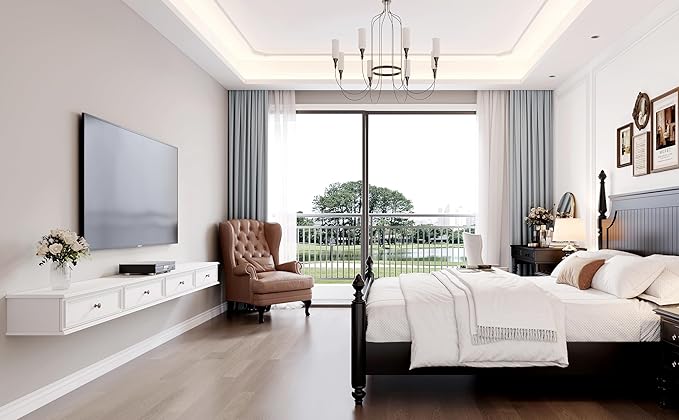 86-inch Wall-Mounted TV Stand, Accommodates 50- to 75-inch TVs, Features Hidden Cable Management, high Weight Capacity, Space-Saving White Floating TV Stand