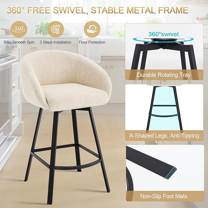 Zesthouse Swivel Counter Height Stools Set of 2, Modern Bar Stools for Kitchen Island, 26" Upholstered Kitchen Counter Height Barstools with Barrel Arms & Backs, Beige Linen Fabric Bar Chairs