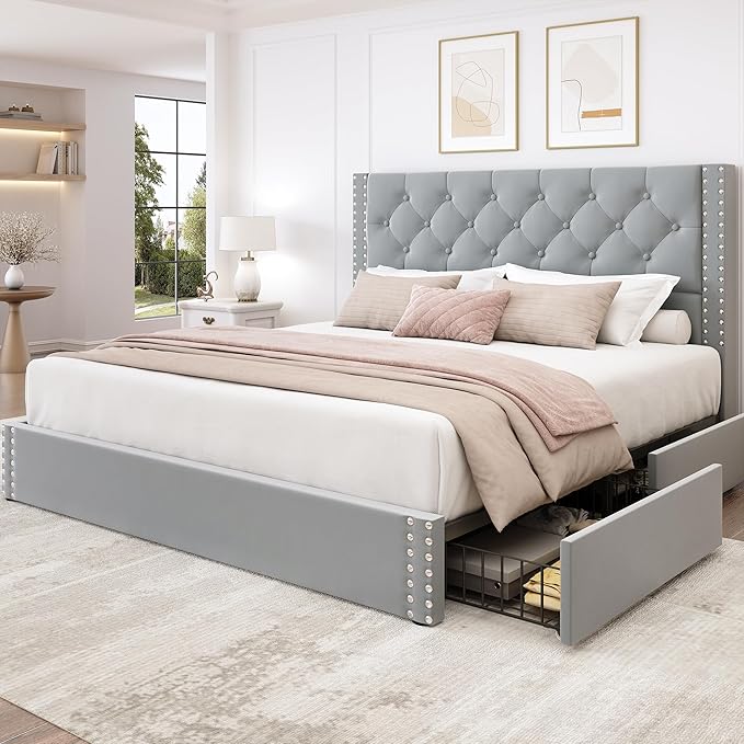 LARMACE Queen Size Bed Frame Upholstered Platform Bed with 4 Storage Drawers and Tufted Headboard Velvet Bed Frame with Heavy Duty Wood Slats, No Box Spring Needed, Easy Assembly, Bluish Grey