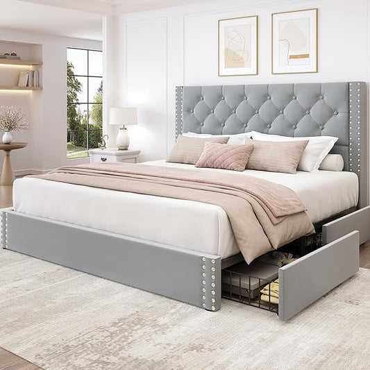 LARMACE Queen Size Bed Frame Upholstered Platform Bed with 4 Storage Drawers and Tufted Headboard Velvet Bed Frame with Heavy Duty Wood Slats, No Box Spring Needed, Easy Assembly, Bluish Grey