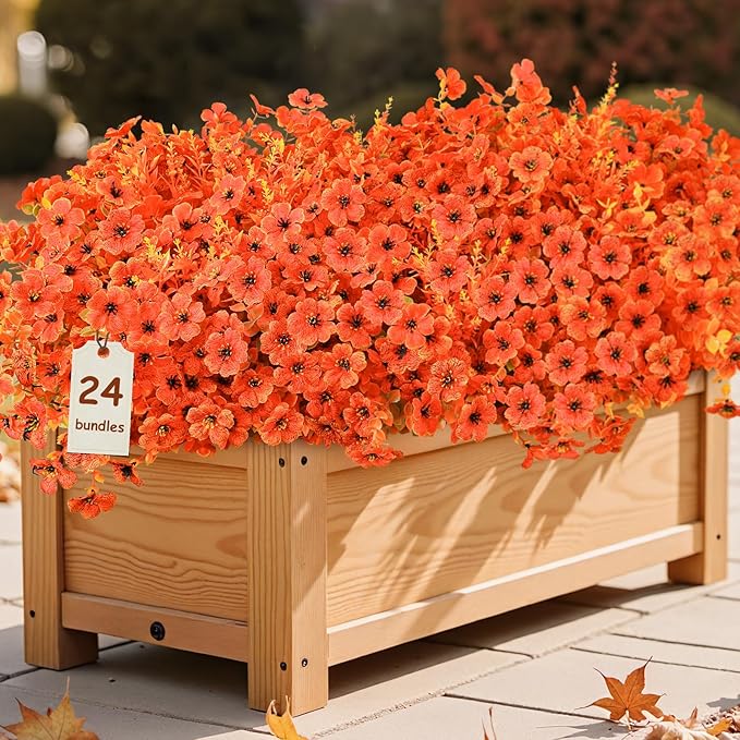 SHareconn 24 Bundles Artificial Fall Flowers for Outdoors Decoration,UV Resistant Silk Eucalyptus Lavender Faux Autumn Fake Plants for Outside Indoor Garden Yard Porch Home Decor,SunsetRedAutumnColour