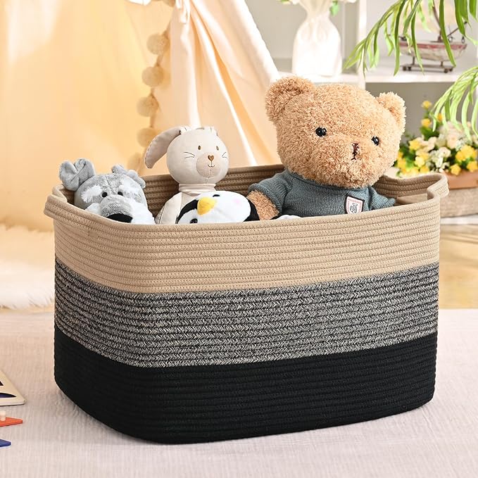 Large Blanket Basket, 60 L Rectangle Storage Baskets for Organizing, Woven Laundry Basket for Blankets, Cotton rope Blanket Storage for Living Room, Nursery Room, Brown&Black