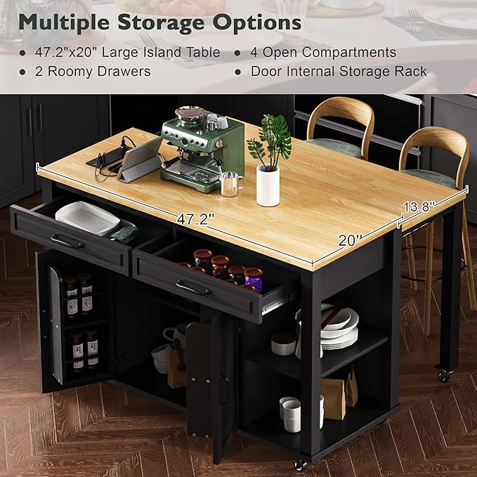 Merax Rolling Kitchen Island on Wheels with Extendable Dining Table & Power Outlet, Wood Kitchen Cart on Wheels with Internal Storage Rack,2 Drawers & 2 Cabinets, 47" Wide Black