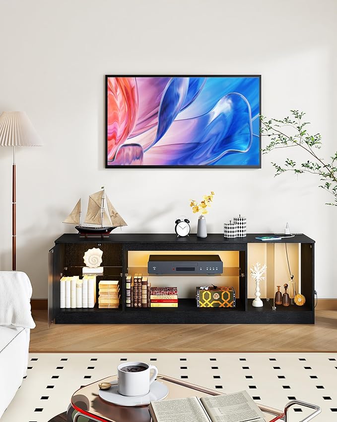 TV Stand with Power Outlets to 63 65 70inch TV, Modern Entertainment Center with Multi-Color LED Light, Media TV Console with Adjustable Glass Shelves for Living Room, Bedroom, Black MDS03UDBB