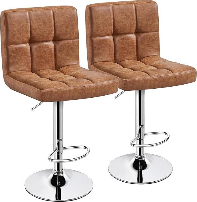 Yaheetech Bar Stools Set of 2, PU Leather Swivel Barstools, Height Adjustable Counter Chairs, Modern Stools with Back for Bar Kitchen Island Dining Room, Retro Brown