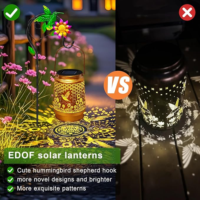 Solar Lanterns Outdoor Waterproof with Shepherd Hook,Hummingbird Garden Decor Christmas Decorations Birthday Gifts for Women Mom,Hanging Solar Lights Metal Bird Decorative for Yard,Patio,Porch,Lawn