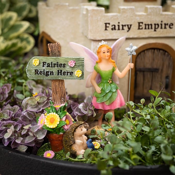 PRETMANNS Fairy House Kit - Fairy Garden Accessories for Outdoor Miniature Village Decor, with Castle, Prince and Princess Fairies & Sign - House, 9’ High & Door can Open Wide - 4 Piece Supplies