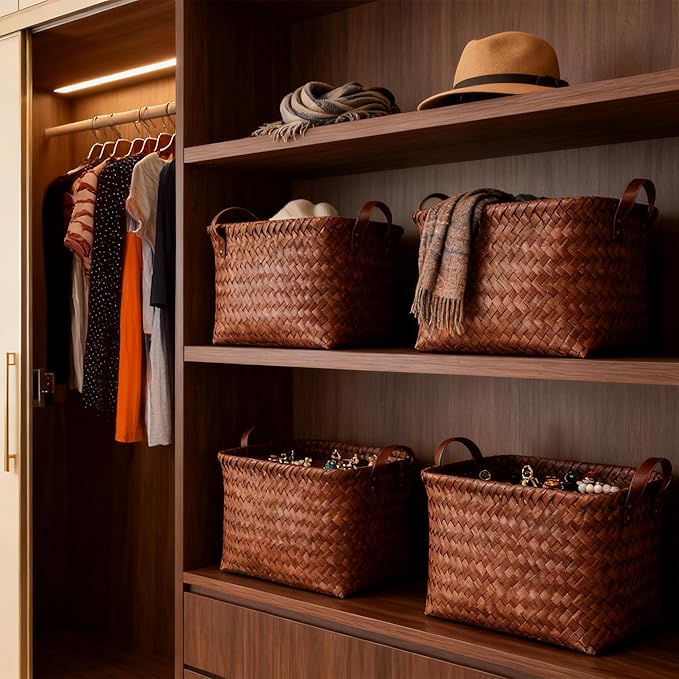 15L Laundry Baskets Waterproof Storage Baskets For Shelves Large Laundry Hamper With Leather Handle -set of 4 Cube Organizers Woven Bins for Bathroom,Bedroom,Pantry,Clothes,Car & Towels-Brown