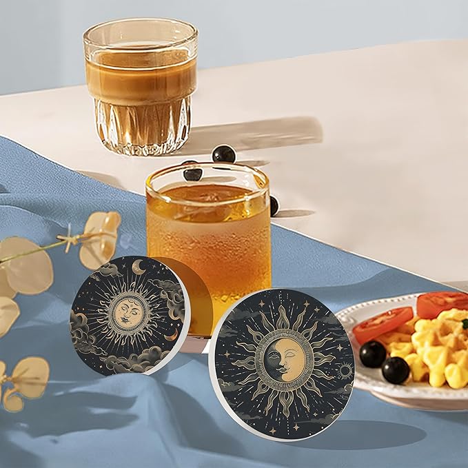 Drink Coasters Set of 6 with Holder, Gold Sun Moon Clouds Stars Absorbent Ceramic Coasters with Cork Base,Fit All Cups,Great Gift for Housewarming,Room Decor,Bar,Holiday Party
