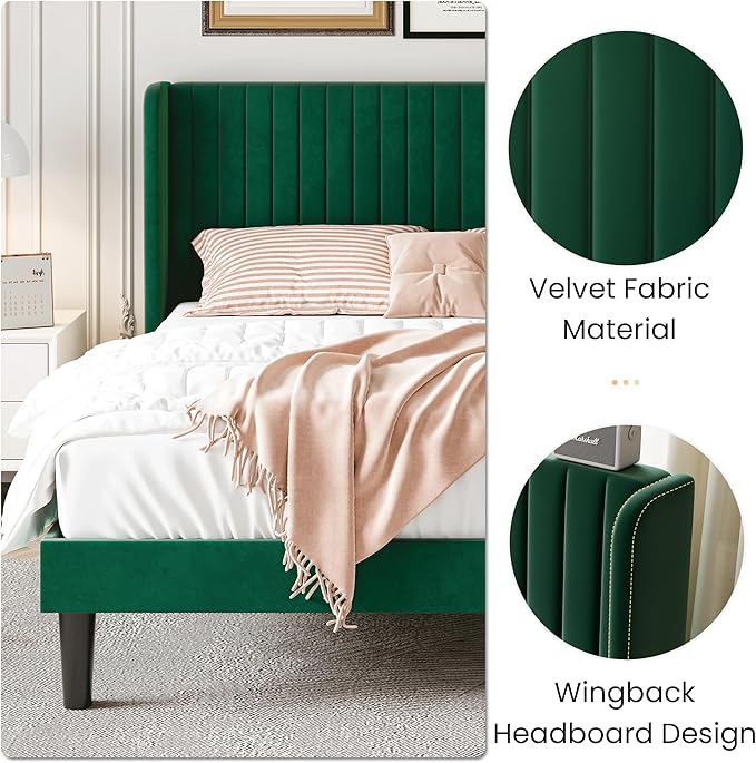 SHA CERLIN Full Size Velvet Bed Frame with Vertical Channel Tufted Wingback Headboard, Upholstered Platform Bed with Wood Slats, No Box Spring Needed, Easy Assembly, Green